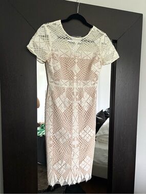 BCBGMaxAzria White Lace Midi Dress with Nude Slip